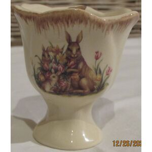 Easter egg cup ceramic with bunny rabbit purple flowers butterfly inside